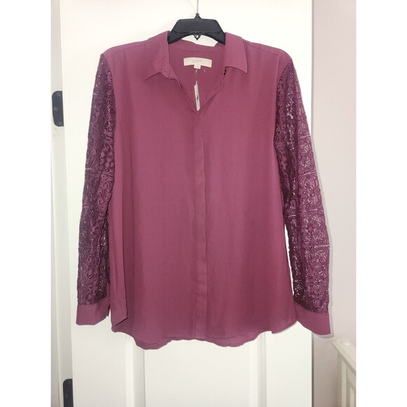 NWT-LOFT Burgundy Maroon Lace Long Sleeve Women Lightweight Button Blouse SZ L - Picture 2 of 5